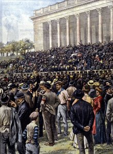 La huelga general en Milán: miles de trabajadores reunidos en la Arena. Ilustración de A. Beltrame. "La Domenica del Corriere" de Achille Beltrame