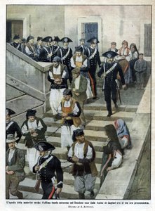 La última banda de malhechores sardos cuando salen del Tribunal de Asís en Cagliari donde se lleva a cabo el juicio. Ilustración de Beltrame. La Domenica del Corriere. 07/1913. de Achille Beltrame