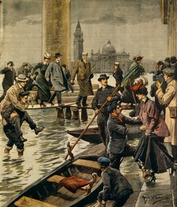 El fenómeno de la marea alta en la Plaza de San Marcos en Venecia, por Achille Beltrame (1871-1945), de La Domenica del Corriere de Achille Beltrame