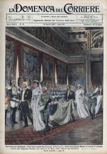 La pareja real, Víctor Manuel III (Vittorio Emanuele III) (1869-1947) y su esposa Helena de Montenegro seguidos por el Príncipe Humberto II y María José (María José de Bélgica, María José de Saboya) van a la Capilla Paolina de Achille Beltrame