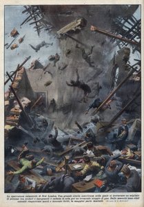 La tragedia de una explosión escolar en New London, Texas, causada por una fuga de gas el 18 de marzo. Ilustración de Achille Beltrame en "La domenica del Corriere" del 04/04/1937 de Achille Beltrame