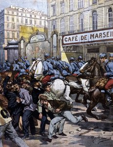 Las huelgas de trabajadores en Marsella: los húsares a cargo en la Canebière. Ilustración de Beltrame. La Domenica del Corriere. 1901 de Achille Beltrame