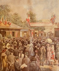 Feria comercial en Milán, ilustración de Achille Beltrame, de La Domenica del Corriere, 24 de abril de 1921