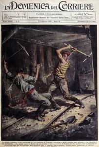Dos mineros franceses y portugueses peleando con sus hachas en una galería por una historia de amor - dibujo de A. Beltrame, en “La Domenica del Corriere” del 1 de febrero