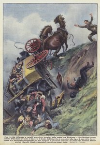 Una vieja diligencia a caballo avanzaba, llena, en la carretera entre Rivarossa y San Benigno, cerca de Turín de Achille Beltrame