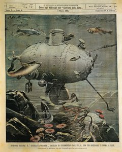 Nave submarina para explorar el fondo marino, ilustración de Achille Beltrame (1871-1945), de La Domenica del Corriere, 1 de marzo de Achille Beltrame