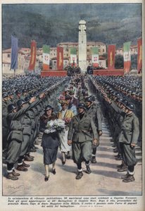 Ceremonia de boda de miembros de camisas negras (camicie nere) en Caprino Veronese en Venecia. Ilustración de Achille Beltrame en “La domenica del corriere” del 10/10/1937. de Achille Beltrame