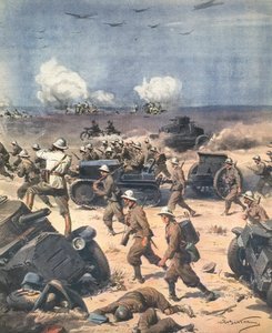 Segunda Guerra Mundial. Libia (Campaña del Norte de África). Tropas italianas en Cirenaica avanzan hacia Egipto. Ilustración de Antonio Beltrame. “La Domenica del Corriere”. 22 de septiembre de Achille Beltrame