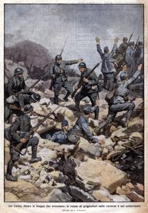 Primera Guerra Mundial: frente italiano en la meseta del Carso (Trentino) y prisioneros en el subsuelo. “Domenica del Corriere”. 07/1917 (litografía) de Achille Beltrame