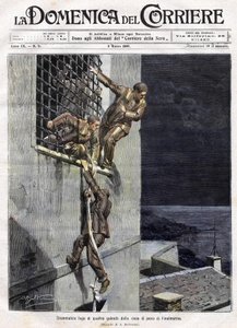 Escape de tres prisioneros de la prisión de Finalmarina en Italia en 1907. Ilustración de Achille Beltrame para la Domenica del Corriere del 3 de marzo de Achille Beltrame