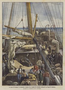 En busca de fortuna, el desayuno a bordo de un vapor de campesinos emigrantes de Nápoles a América de Achille Beltrame