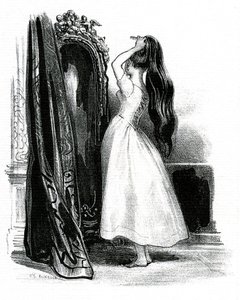 Madame Bovary, para la novela de Gustave Flaubert - Emma Bovary recoge su largo cabello frente a su espejo