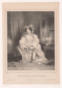 La mujer joven se quita el modelo de pan Le brodequin / The brodequin (título sobre objeto) Ropa de mujer (título de la serie) de Achille Devéria