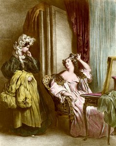 El tocador: una joven elegante con su doncella. Litografía de Achille Deveria (1800-1857) siglo XIX. Colección privada de Achille Devéria
