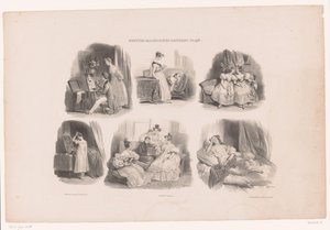 Seis actuaciones de mujeres jóvenes en un interior. Pequeñas y variadas escenas de Aubert (título de la serie) Petites macédoines d
