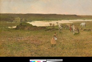 Cerca de Sesto Calende, Lombardía, Italia o "Pastando en la llanura" (cerca de Sesto Calende, Italia o pastando en la llanura) Pintura de Achille Formis (1832-1906) 1887 Colección particular de Achille Formis Befani