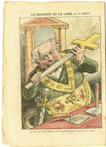 Ilustración de Achille Lemot (1846-1909) en Le Pelerin, 23/05/09 - La Serpiente y la Lima - Antimasonismo, Fe Religiosa, Cruz Cristiana, Fábulas de La Fontaine y otros, Catolicismo - Laicización - Serpientes - Animalización de Achille Lemot