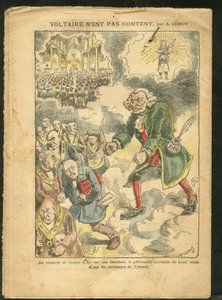Ilustración de Achille Lemot (1846-1909) en Le Pelerin, 25/04/09 - Voltaire no está contento - Antimasonismo, Fe religiosa, Catolicismo - Laicización, leyes laicas - Voltaire, Juana de Arco