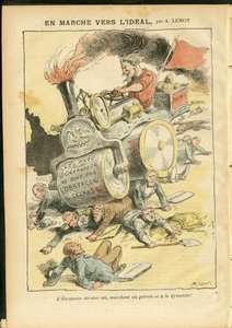 Ilustración de Achille Lemot (1846-1909) en Le Pelerin, 27/05/06 - En la marcha hacia el ideal - Social, Automóvil, Cadáveres, Revolución, Bandera roja, Economía, Socialismo, Neumático, Pinchazo