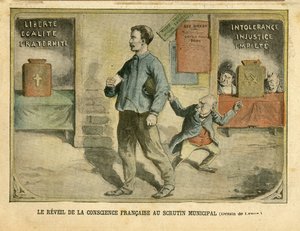Ilustración de Achille Lemot (1846-1909) en Le Pelerin, 01/05/04 - El despertar de la conciencia francesa al voto municipal - Elecciones, Religión Fe, Bloque de izquierdas, Catolicismo Católico - Laicización Laicidad Leyes laicas - Combes Emile (1835-1921) de Achille Lemot