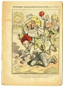 Ilustración de Achille Lemot (1846-1909) en Le Pelerin, 03/01/09 - Cuerdas radical-socialistas - Radicalismo, Enseñanza, Religión Fe, Marruecos, Ateísmo, Partido Radical y Radical-Socialista, Catolicismo Católico - Laicización Laicidad Laicos - Clemenceau 