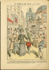 Ilustración de Achille Lemot (1846-1909) en Le Pelerin, 03/05/08 - El siglo de Zola - Religión Fe, Familia, Pornografía, Quioscos de periódicos, Catolicismo Católico, Callejón Rue - Zola Emile