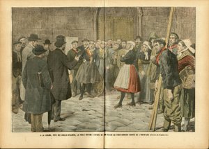 Ilustración de Achille Lemot (1846-1909) en Le Pelerin, 04/02/06 - Religión Fe, Multitud, Iglesias Catedrales, Catolicismo - Separación de Iglesia y Estado, Inventarios/Reacciones a inventarios