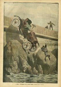 Ilustración de Achille Lemot (1846-1909) en Le Pelerin, 05/05/07 - En Cannes, el automóvil del Sr. Liegard cae al mar - Hechos diversos, Automovilismo, Marina Marítima Costera, Accidentes Desastres de Achille Lemot