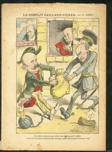 Ilustración de Achille Lemot (1846-1909) en Le Pelerin, 07/03/09 - El Conflicto Caillaux-Picard - Tributación, Impuesto sobre la renta - Combes Emile (1835-1921), Clemenceau George, Caillaux Joseph (1863-1944)