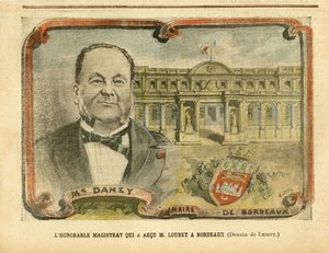 Ilustración de Achille Lemot en Le Pelerin, 07/05/05 - El honorable magistrado que recibió a M. Loubet en Burdeos - Arquitectura Urbanismo, Presidente de la República, Burdeos - Alcalde, Daney Alfred de Achille Lemot