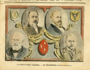 Ilustración de Achille Lemot en Le Pelerin, 09/07/05 - El conflicto franco-alemán los negociadores - Colonización Colonialismo Colonias, Alemania Prusia, Marruecos, Francia, Tánger - Rouvier Maurice, Bulow Bernhard von de Achille Lemot