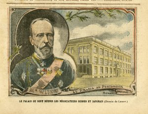 Ilustración de Achille Lemot (1846-1909) en Le Pelerin, 20/08/05 - El palacio donde se reúnen los negociadores rusos y japoneses - Rusia, Japón, Guerra ruso-japonesa, Portsmouth - Witte Serge (1849-1915)
