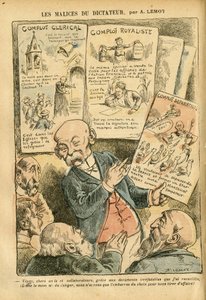 Ilustración de Achille Lemot en Le Pelerin, 21/07/07 - Las malicias del dictador Conspiración clerical Conspiración realista Conspiración separatista - Realismo, Religión Fe, Bloque de izquierda, Catolicismo - Clemenceau George