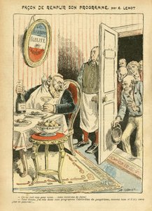 Ilustración de Achille Lemot (1846-1909) en Le Pelerin, 23/07/05 - Cómo cumplir su programa - Social, Miseria, Gastronomía cocina, Socialismo - Jaurès Jean, Diputado, Homemans - Metáfora alimentaria, Oposición/Asociación de Achille Lemot