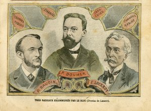Ilustración de Achille Lemot (1846-1909) en Le Pelerin, 23/10/04 - Tres radicales excomulgados por el Bloque - Presupuesto Finanzas, Presidente de la República, Marina Marítima Náutica Balnearia, Bloque de izquierdas, Indochina, Obras públicas - Doumer Pau