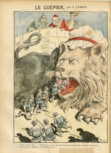 Ilustración de Achille Lemot (1846-1909) en Le Pelerin, 25/08/07 - Le Guepier - Guerra, Alemania Prusia, Inglaterra Gran Bretaña, España, Marina Marítima Costera - León/Tigre de Achille Lemot