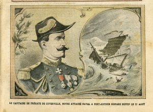 Ilustración de Achille Lemot (1846-1909) en Le Pelerin, 25/09/04 - El capitán de la fragata de Cuverville, nuestro agregado naval en Port-Arthur desaparecido desde el 17 de agosto - Ejército, Marina Marítima Náutica Balnearia, Port-Arthur, Naufragio - De C