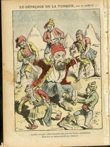 Ilustración de Achille Lemot (1846-1909) en Le Pelerin, 25/10/08 - El desmembramiento de Turquía - Turquía, Religión Fe, Balcanes, Bulgaria, Bosnia Herzegovina, Creta, Catolicismo - Abdul-Hamid II (1842-1918)