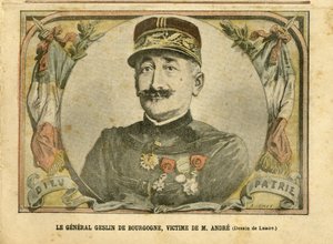 Ilustración de Achille Lemot (1846-1909) en Le Pelerin, 27/03/04 - General Geslin de Borgoña, víctima del Sr. André - Ejército, Caso de las cartas - André Louis, General Generales, Jules Henri Geslin de Borgoña (1812-1897) de Achille Lemot