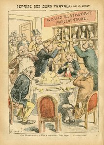 Ilustración de Achille Lemot (1846-1909) en Le Pelerin, 27/10/07 - Reanudación del trabajo duro - Antiparlamentarismo, Restaurantes Cafés, Cámara de Diputados Hemiciclo, Bloque de izquierdas, Plato de mantequilla - Diputado - Metáfora alimentaria