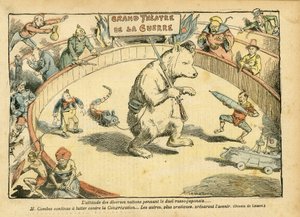 Ilustración de Achille Lemot (1846-1909) en Le Pelerin, 28/02/04 - La actitud de varias naciones... - Rusia, Guerra Ruso-Japonesa - Combes Emile, Oso, Oso de Feria - Animalización, Carnaval/Juego/Circo