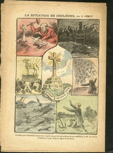 Ilustración de Achille Lemot (1846-1909) en Le Pelerin, 28/02/09 - La situación en color - Religión Fe, Marina Marítima Costera, Ateísmo, Accidentes Desastres, Desastre Natural, Cruz Cristiana, Catolicismo Católico - Becerro de Oro de Achille Lemot