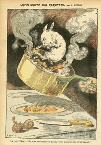 Ilustración de Achille Lemot (1846-1909) en Le Pelerin, 29/01/05 - Conejo salteado con zanahorias - Affaire des fiche, Gastronomía cocina - Combes Emile (1835-1921), Conejo - Cacerola - Metáfora alimentaria, Animalización de Achille Lemot