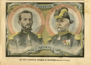 Ilustración de Achille Lemot en Le Pelerin, 29/05/04 - Las dos últimas víctimas del ministerio - Ejército, Ministerio de la guerra, Patriotismo - Laicización, Laicidad, Leyes laicas - Marchand Jean-Baptiste, General, Jeannerod Gaspa de Achille Lemot
