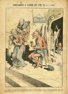 Ilustración de Achille Lemot (1846-1909) en Le Pelerin, 31/12/05 - Compliments of the year that goes away - Religión Fe, Catolicismo Católico - Combes Emile (1835-1921), Diablo, Tiempo (Alegoría de) de Achille Lemot