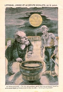 Diputado socialista prometiendo la luna (jubilación) a un pobre proletario (carpintero), en Le Pelerin, semanario católico N°1391 del 30 de agosto de 1903 por A. Lemot (dibujo) de Achille Lemot