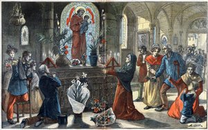 La devoción a San Antonio de Padua reúne ante su altar a todas las clases de la sociedad - Ilustración de Achille Lemot en Le-Pelerin de 1896 de Achille Lemot