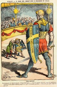 El gran duelo anunciado entre la Masonería y la Iglesia Resultado Dudoso - El padrino del Francmasón: ¡Lo atrapas, lo pones abajo, lo sostienes firme y lo golpeas hasta que pida perdón, no es más difícil que eso! - Caricatura de Achille