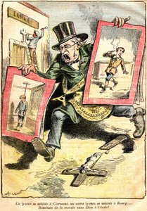 Los resultados: un liceano se suicida en Clermont, otro en Bourg: ¡resultados de la moralidad sin Dios en la escuela! - Caricatura de Achille Lemot (1846-1909) en Le Pelerin (1909) - oposición de enseñanza laica y religiosa (Católica) - un funcionario de l