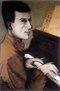 Retrato de Maurice Ravel al piano - litografía de Ouvré